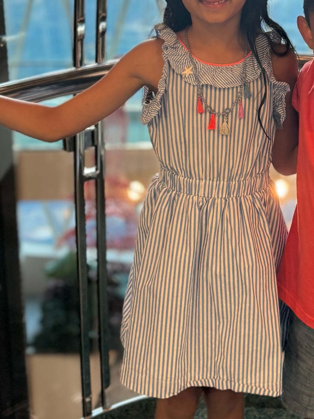 Crewcuts Blue and White Striped Sleeveless Dress with Coral Border Girls Size 6